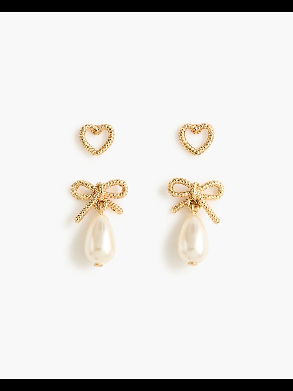J.Crew Gold Heart & Pearl Bow Drop Earrings Set, Gold/ White